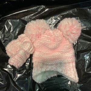 NWT Newborn Pink White Knit Fleece-lined Warm and Hat Mitten Set NYGB